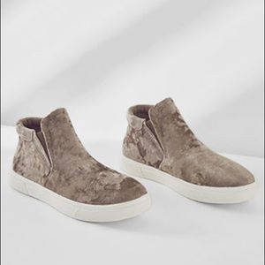 Beige crushed velvet high top sneaker